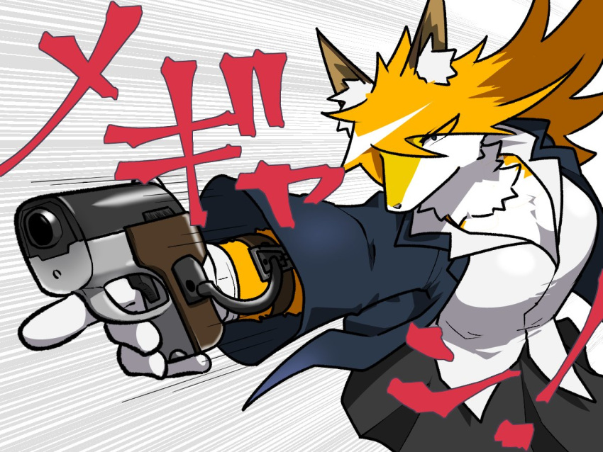 anthro blonde_hair bottomwear canid canine canis chest_tuft clothing female fox gloves gun hair handgun handwear inner_ear_fluff jacket japanese_text long_hair mammal nazemottohayaku pistol ranged_weapon red_fox simple_background skirt solo text topwear true_fox tuft weapon yaco_kitagawa