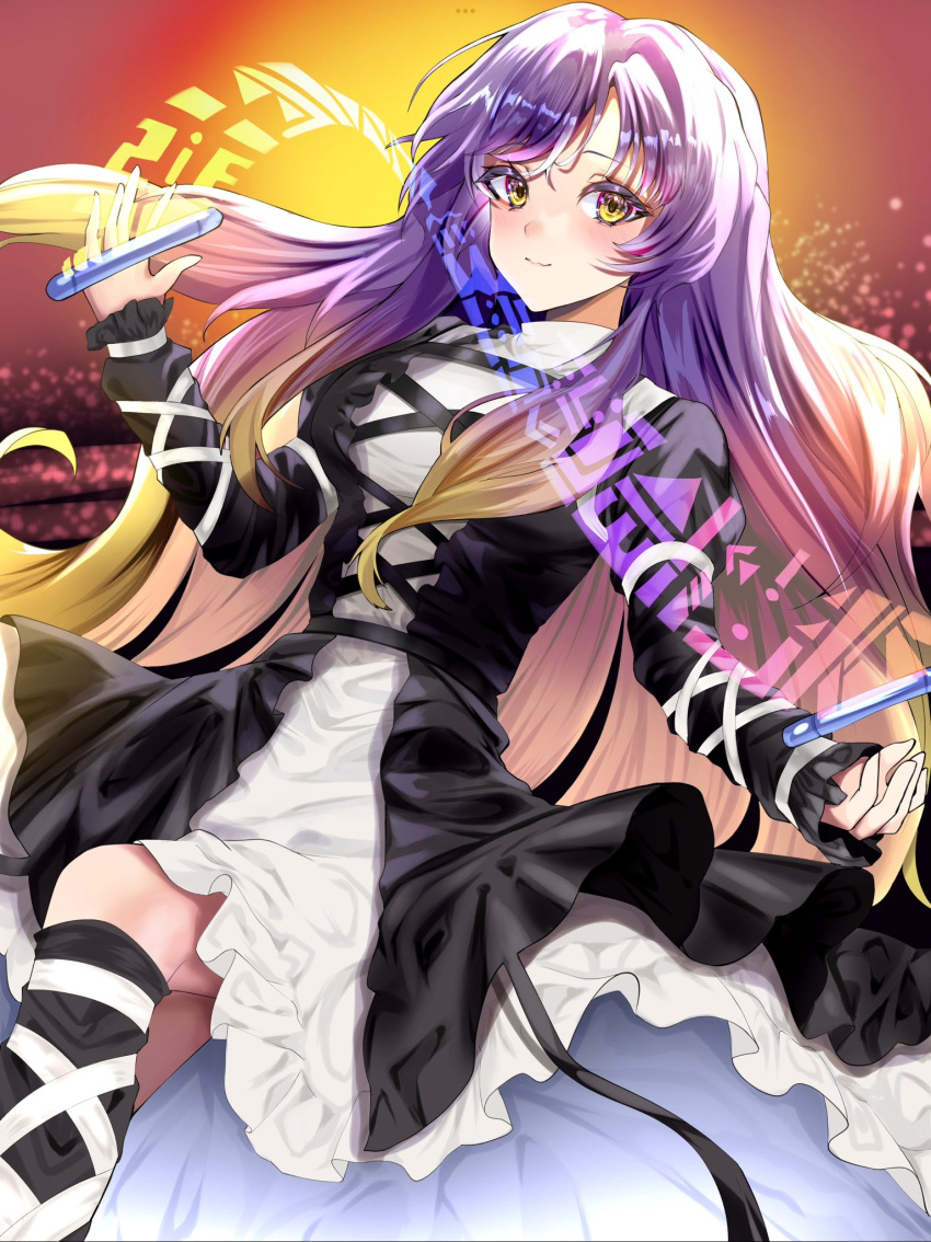 1girl black_dress black_ribbon black_socks blonde_hair closed_mouth cross-laced_clothes dress frilled_dress frills gradient_hair happy highres hijiri_byakuren juliet_sleeves layered_dress light_brown_hair long_hair long_sleeves multicolored_hair nyarocks puffy_sleeves purple_hair ribbon smile socks solo sorcerer's_sutra_scroll touhou turtleneck upper_body very_long_hair white_dress white_ribbon