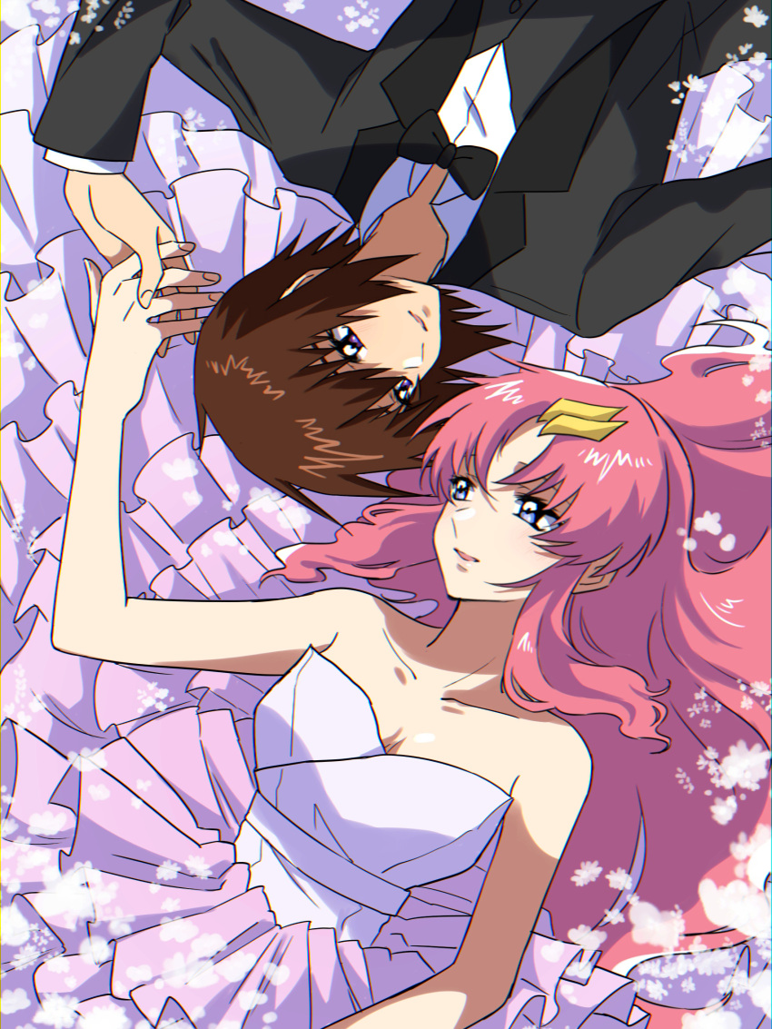 1boy 1girl absurdres bare_arms black_bow black_bowtie black_jacket black_vest bow bowtie breasts brown_hair cleavage collarbone dress dress_shirt eye_contact from_above grey_eyes gundam gundam_seed hair_ornament hairclip highres holding_hands jacket kira_yamato lacus_clyne long_hair looking_at_another lying medium_breasts on_back open_clothes open_jacket open_mouth pink_hair purple_eyes rrrisyf shirt short_hair sleeveless straight_hair strapless strapless_dress vest wedding_dress white_dress white_shirt