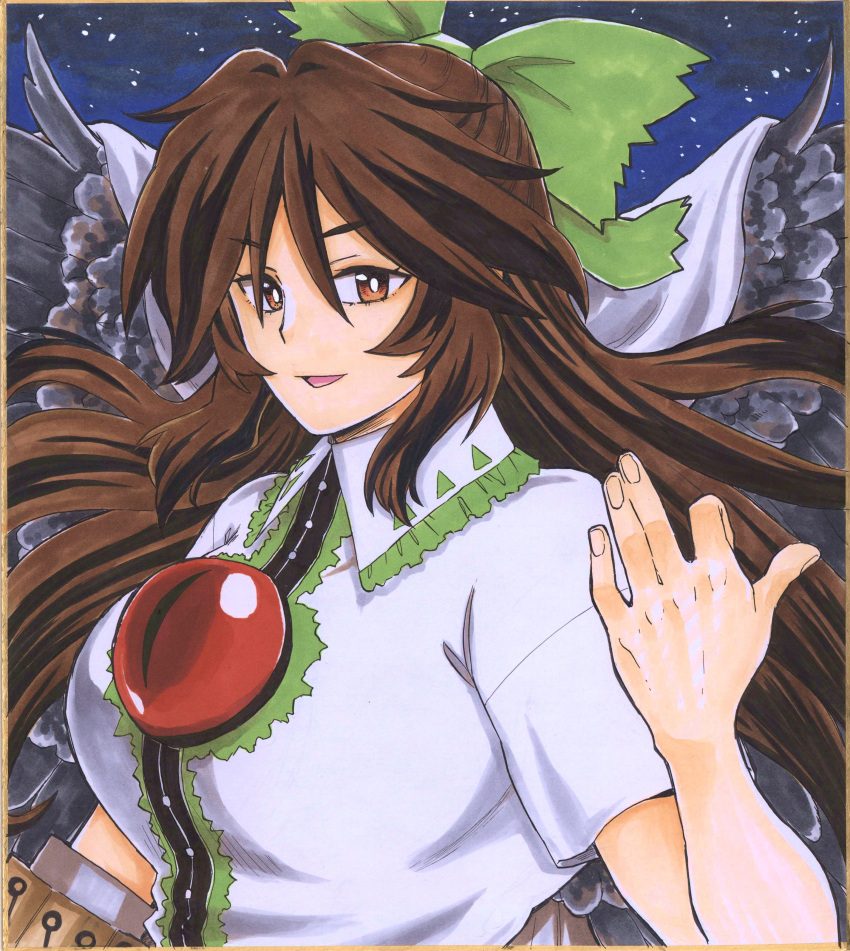 1girl absurdres arm_cannon bow breasts brown_eyes brown_hair cape center_frills collared_shirt commentary_request control_rod fingernails frills green_bow hair_bow highres large_breasts long_hair matsuri_kyuuta night night_sky parted_lips reiuji_utsuho shirt short_sleeves sky third_eye_on_chest touhou upper_body very_long_hair weapon white_cape white_shirt