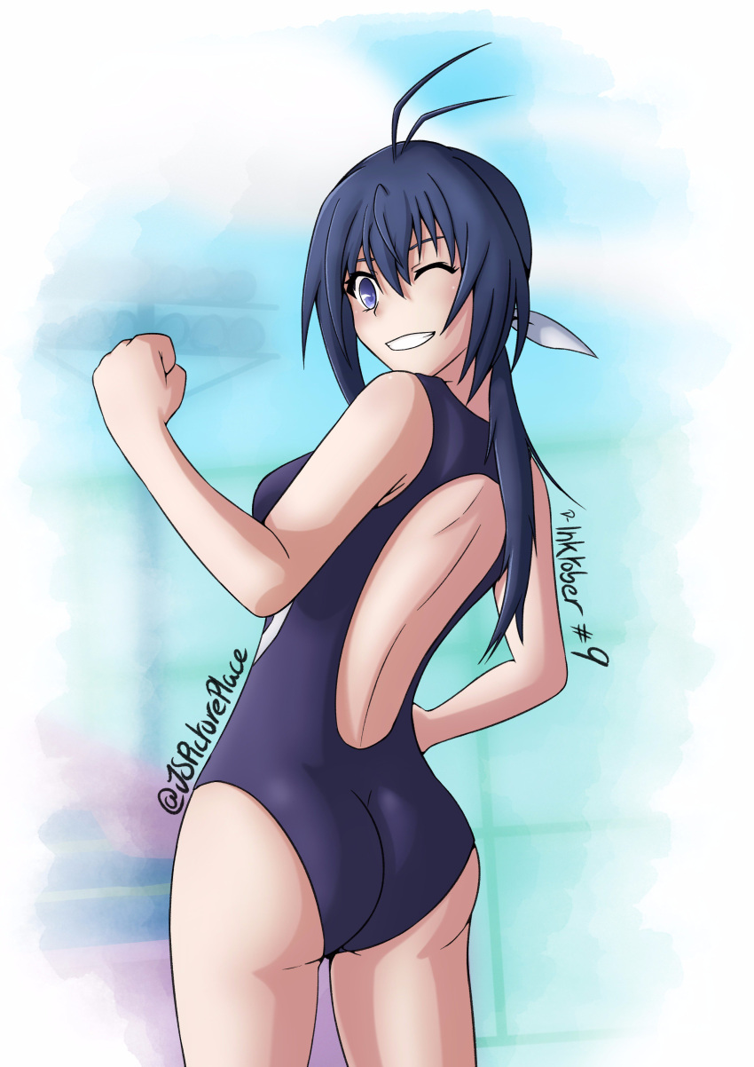 1girl absurdres antenna_hair artist_name ass blue_eyes blue_hair blush breasts clenched_hand highres inktober jspictureplace kaminashi_nozomi keijo!!!!!!!! looking_at_viewer looking_back one-piece_swimsuit one_eye_closed pool poolside ribbon smile swimsuit thighs twitter_username white_ribbon