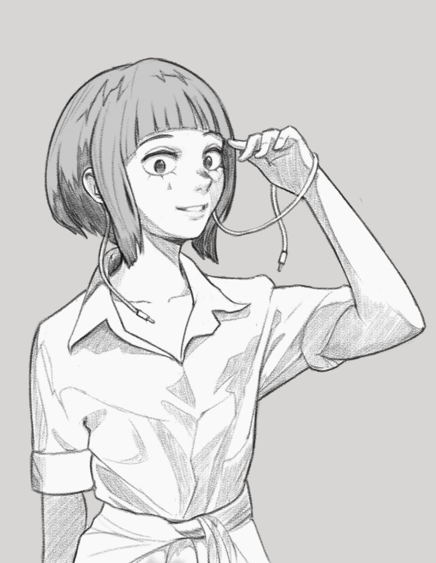 1girl arm_at_side blunt_bangs bob_cut boku_no_hero_academia clothes_around_waist collarbone collared_shirt commentary dress_shirt earplugs english_commentary facepaint grey_background greyscale hand_up highres jirou_kyouka long_earlobes looking_at_viewer monochrome parted_lips shirt shirt_around_waist short_hair short_sleeves simple_background smaragdus smile solo standing upper_body