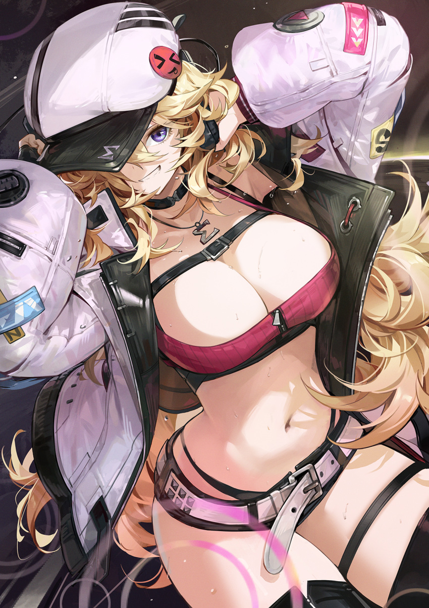 1girl armpits arms_up bandeau belt black_choker black_shorts black_thighhighs blonde_hair breasts cabbie_hat camisole choker cleavage commentary crop_top goomrrat grin hat highres jacket jewelry long_hair long_sleeves looking_at_viewer micro_shorts midriff navel necklace open_clothes open_jacket original purple_eyes shirt shorts sleeveless sleeveless_shirt smile solo spaghetti_strap stomach sweat thigh_strap thighhighs thighs very_long_hair white_belt white_hat white_jacket