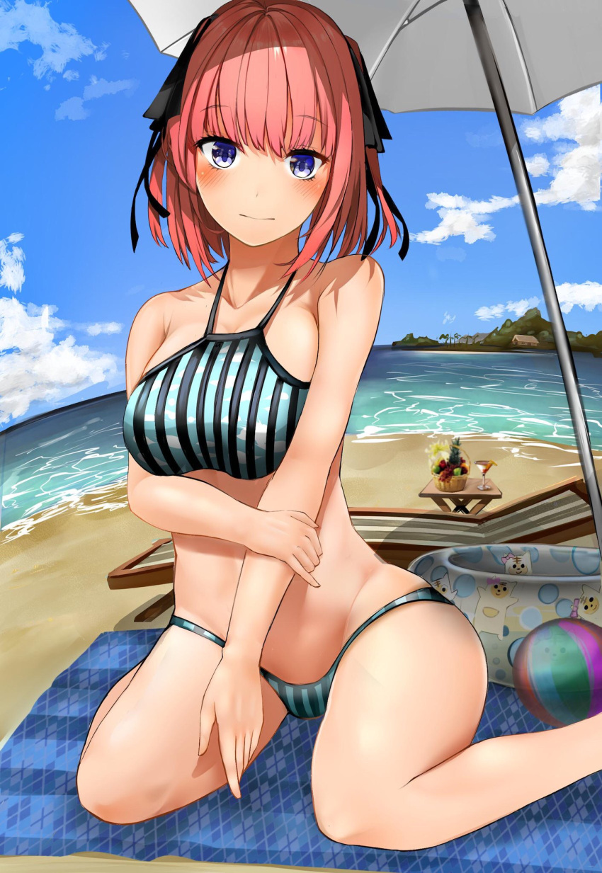 1girl ball beach beach_chair beach_umbrella beachball bikini black_ribbon blue_eyes blue_sky blunt_bangs breasts butterfly_hair_ornament cloud commentary_request embarrassed go-toubun_no_hanayome hair_ornament hair_ribbon halterneck hand_on_own_arm highres innertube island large_breasts light_blush looking_at_viewer nakano_nino ocean outdoors pink_hair ribbon shiranui_(nisioisin_sinob) short_hair sitting sky solo striped_bikini striped_clothes swim_ring swimsuit two_side_up umbrella vertical-striped_bikini vertical-striped_clothes wariza