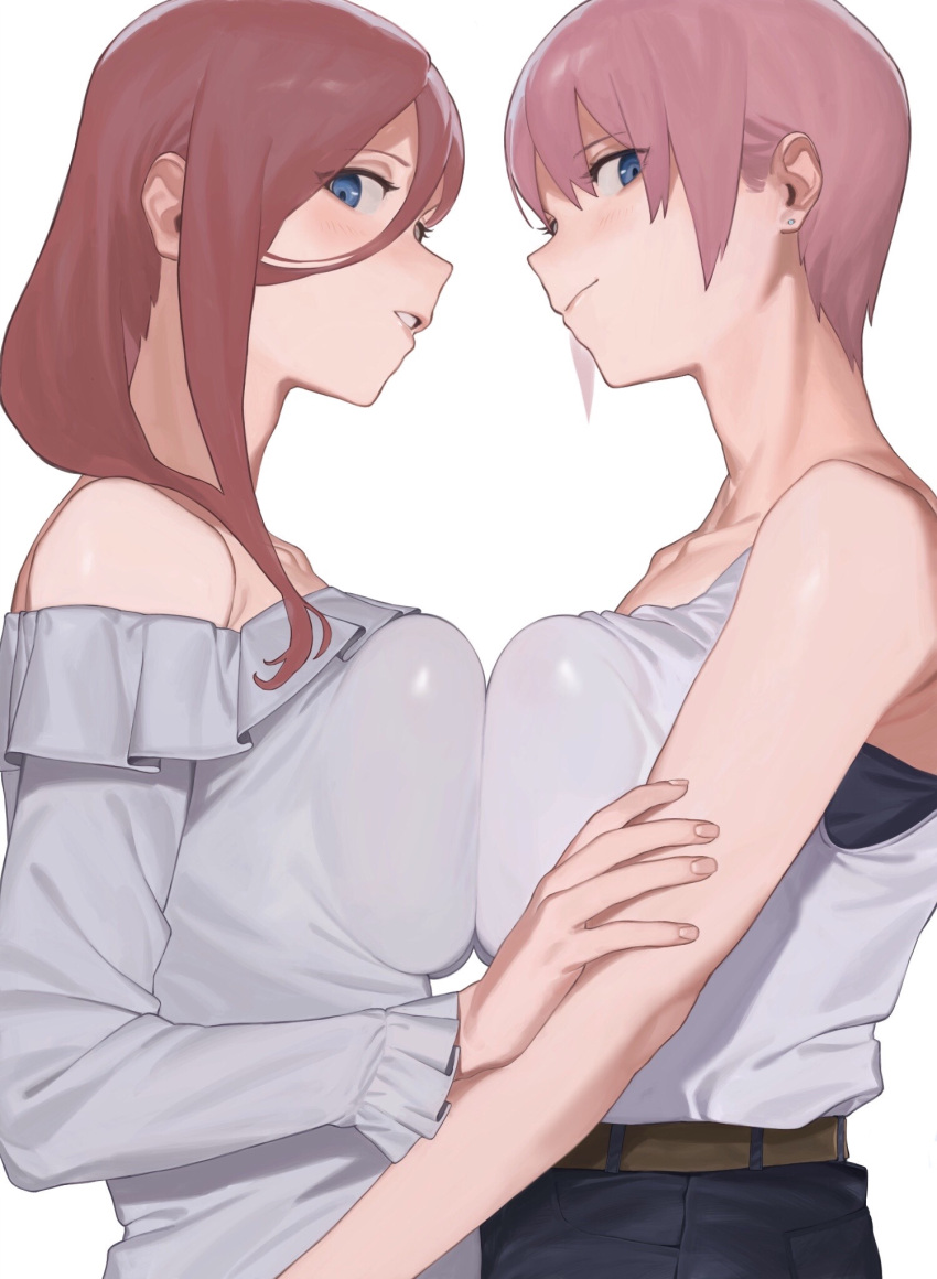 2girls bare_shoulders belt black_pants blue_eyes blue_shirt breast_press breasts brown_belt brown_hair commentary_request earrings from_side go-toubun_no_hanayome grey_tank_top hand_on_another's_arm highres jewelry large_breasts long_hair_between_eyes looking_at_viewer looking_to_the_side multiple_girls nakano_ichika nakano_miku off-shoulder_shirt off_shoulder pants pink_hair r_u_i_(s_1cll) shirt short_hair siblings sisters sleeveless smile stud_earrings symmetrical_docking tank_top twins white_background