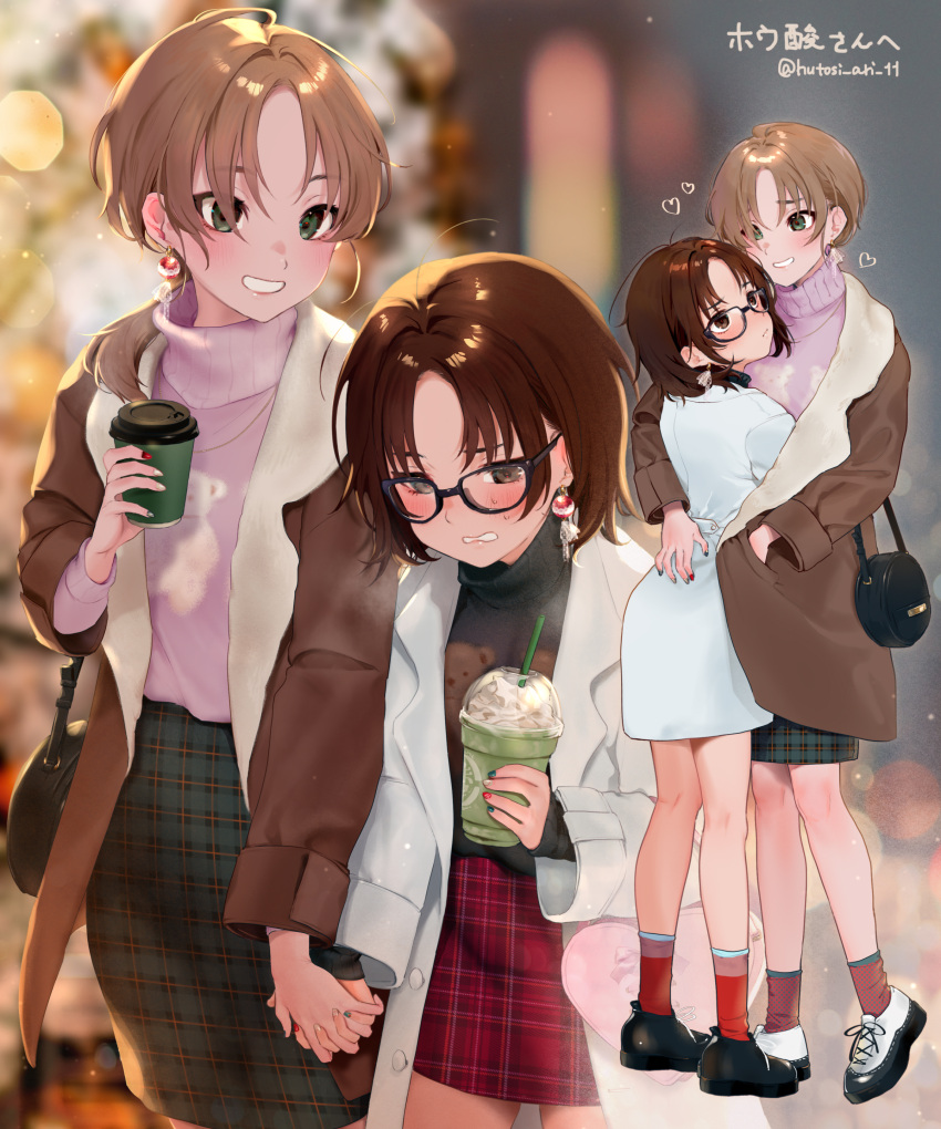 2girls absurdres antenna_hair bag blurry blurry_background breath brown_eyes brown_hair character_request coat coffee_cup cold commentary_request cup disposable_cup drinking_straw earrings frappuccino full_body glasses green_eyes grey_sweater grin hand_on_another's_back handbag heart highres holding holding_cup holding_hands hug interlocked_fingers jewelry jiishiki_kajou_(ukagaka) lab_coat light_brown_hair long_sleeves medium_hair multiple_girls nail_art nail_polish nikubou_maranoshin pink_sweater plaid plaid_skirt shoes skirt smile socks standing sweater translation_request turtleneck turtleneck_sweater twitter_username ukagaka wavy_mouth yuri