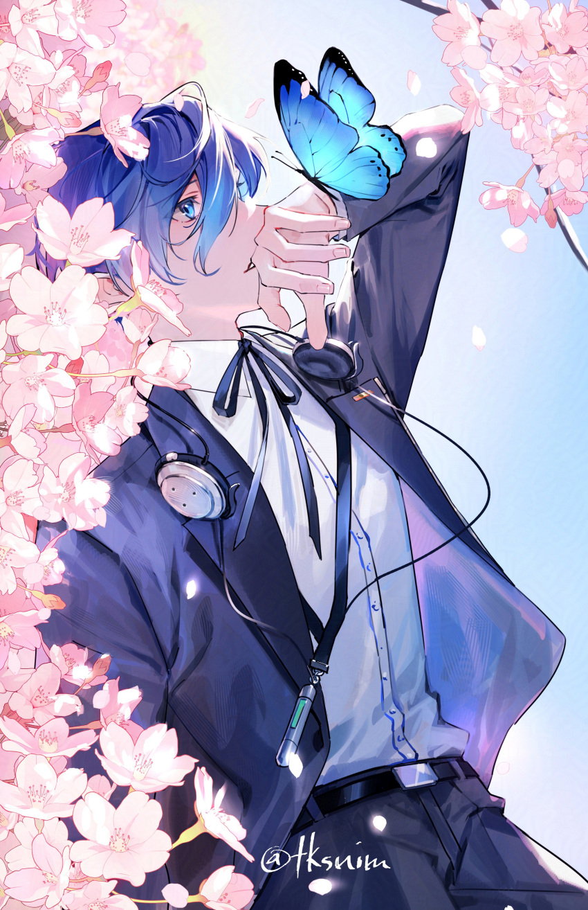 1boy absurdres belt black_jacket black_pants black_ribbon blue_butterfly blue_eyes blue_hair bug butterfly cherry_blossoms collared_shirt commentary cowboy_shot digital_media_player earphones falling_petals from_side gekkoukan_high_school_uniform hair_between_eyes hand_up headphones headphones_around_neck highres jacket long_sleeves looking_up male_focus neck_ribbon open_clothes open_jacket pants parted_lips persona persona_3 persona_3_reload petals ribbon school_uniform shirt short_hair solo tk_(tksnim) twitter_username white_shirt yuuki_makoto_(persona_3)