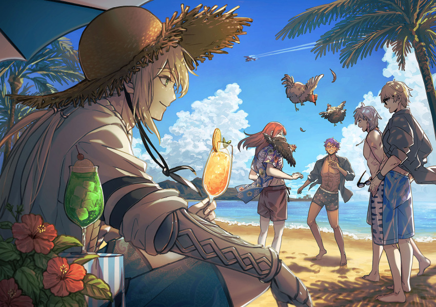 5boys abs animal_on_shoulder barefoot beach bedivere_(fate) bird bird_on_shoulder black_male_swimwear black_shirt black_wristband blonde_hair blue_male_swimwear blue_sky cherry chicken closed_eyes closed_mouth cloud contrail cumulonimbus_cloud cup drink drinking_glass fate/grand_order fate_(series) flower food footprints fruit gawain_(fate) green_eyes grey_hair hand_up hat hawaiian_shirt hibiscus highres holding holding_cup holding_removed_eyewear hurricane_glass ice ice_cube jewelry lancelot_(fate/grand_order) lemon lemon_slice long_hair looking_at_another low_twintails male_focus male_swimwear mujou_(mjoysk) multiple_boys necklace ocean official_alternate_costume open_clothes open_mouth open_shirt orange-tinted_eyewear outdoors palm_tree percival_(fate) ponytail_holder print_shirt prosthesis prosthetic_arm purple_hair red_flower red_hair red_male_swimwear shade shirt short_hair short_sleeves sitting sky sleeves_pushed_up smile standing straw_hat sunglasses sweatdrop swim_trunks tan tinted_eyewear topless_male tree tristan_(fate) twintails unworn_eyewear white_shirt