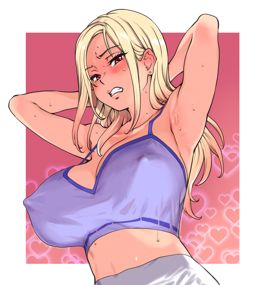 1girl armpits arms_behind_back back_cutout blonde_hair blue_camisole breasts camisole clenched_teeth clothing_cutout commentary_request covered_nipples crop_top earrings gradient_hair gyaru hair_behind_ear high-waist_pants highres huge_breasts jewelry long_hair midriff multicolored_hair original pants pink_hair red_eyes shiwasu_no_okina solo stud_earrings sweat tan teeth