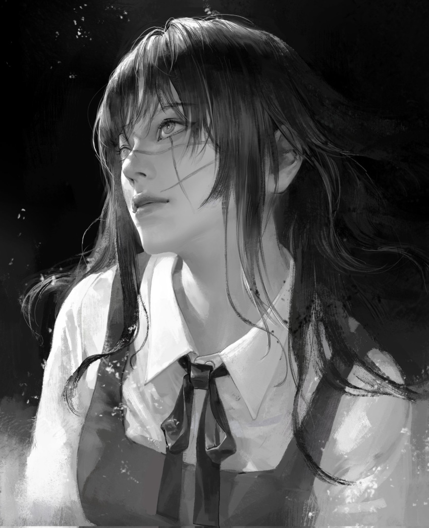 1girl black_background blunt_bangs chainsaw_man collared_shirt dress dress_shirt floating_hair fourth_east_high_school_uniform greyscale highres lips long_hair long_sleeves looking_ahead messy_hair monochrome neck_ribbon parted_lips pinafore_dress ribbon ringed_eyes scar scar_on_cheek scar_on_face school_uniform shirt sleeveless sleeveless_dress solo straight_hair taak_choi upper_body white_shirt yoru_(chainsaw_man)