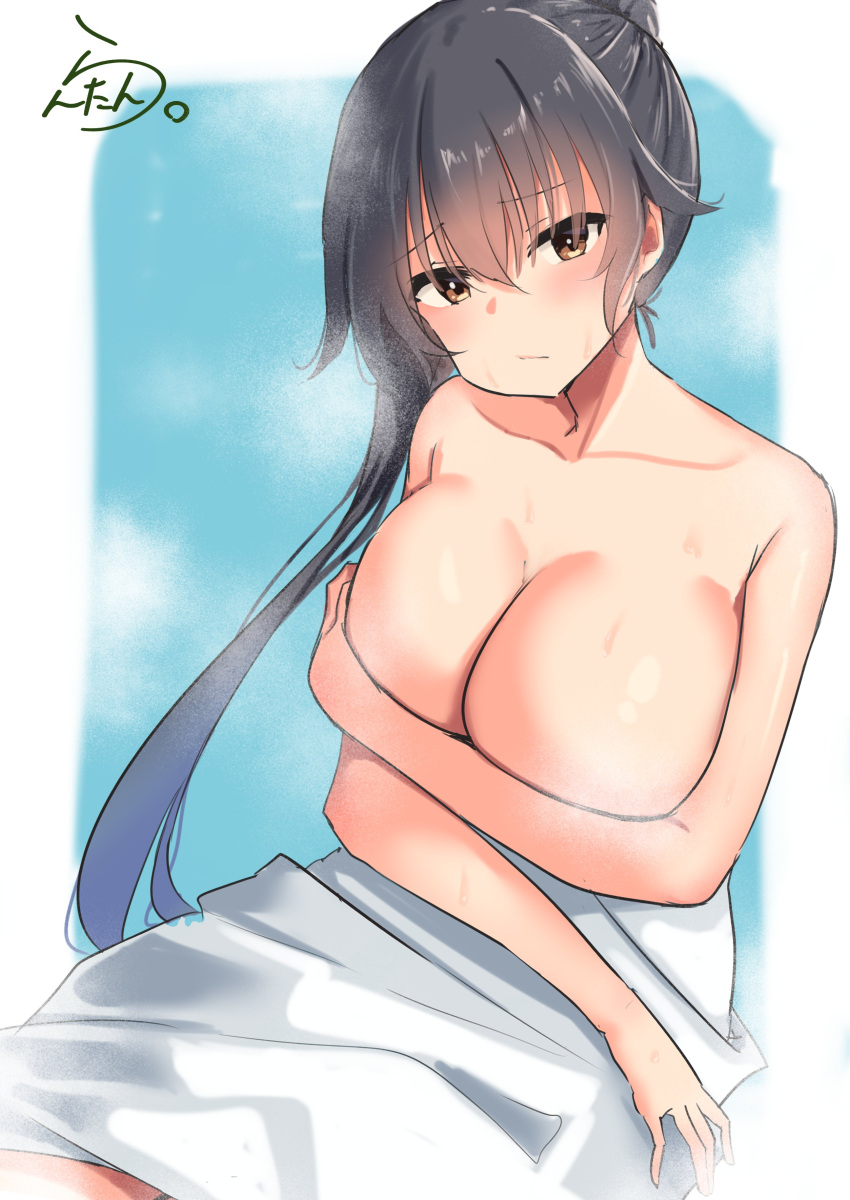 1girl absurdres artist_logo black_hair blue_background breasts brown_eyes collarbone highres kantai_collection lanthan large_breasts looking_at_viewer one-hour_drawing_challenge ponytail sitting solo steam topless towel_around_waist white_towel yahagi_(kancolle)