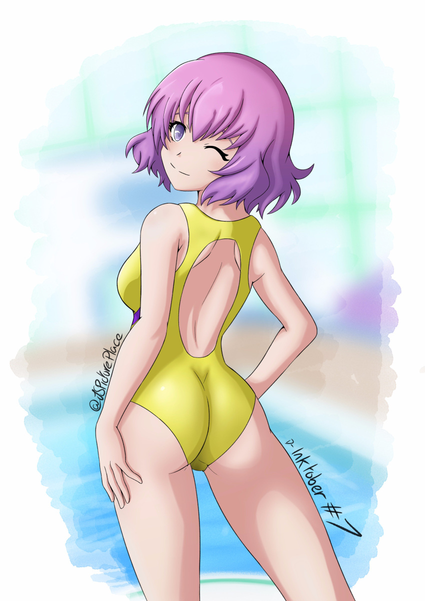 1girl absurdres artist_name ass blush hand_on_own_hip highres inktober jspictureplace kawai_hanabi keijo!!!!!!!! looking_at_viewer looking_back one-piece_swimsuit one_eye_closed pool poolside purple_eyes purple_hair smile swimsuit thighs twitter_username yellow_one-piece_swimsuit yellow_swimsuit