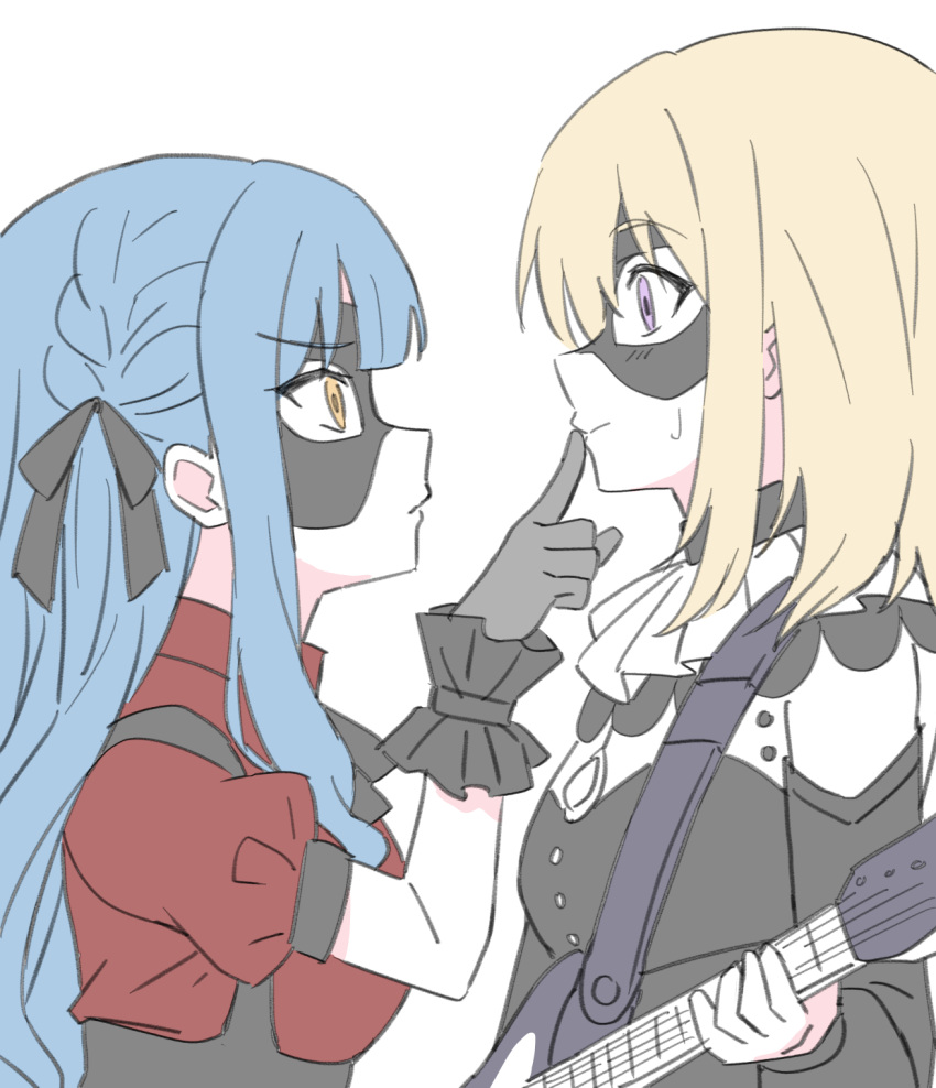 2girls bang_dream! black_dress black_gloves black_mask black_ribbon blonde_hair blue_hair commentary_request domino_mask dress eye_contact finger_to_another's_mouth from_side gloves guitar hair_ribbon highres holding holding_guitar holding_instrument instrument long_hair looking_at_another mask medium_hair misumi_uika multiple_girls nogreen profile purple_eyes red_shirt ribbon shirt short_sleeves simple_background sweatdrop togawa_sakiko two_side_up upper_body white_background yellow_eyes yuri