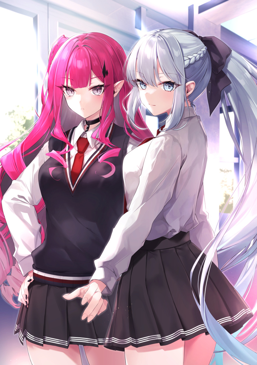 2girls absurdres baobhan_sith_(fate) black_bow black_skirt black_vest blue_eyes bow braid breasts choker collared_shirt fate/grand_order fate_(series) french_braid grey_eyes grey_hair hair_bow hane_yuki highres indoors large_breasts long_hair long_sleeves looking_at_viewer looking_back morgan_le_fay_(fate) mother_and_daughter multiple_girls necktie pink_hair pointy_ears ponytail school_uniform shirt sidelocks skirt thighs very_long_hair vest white_shirt