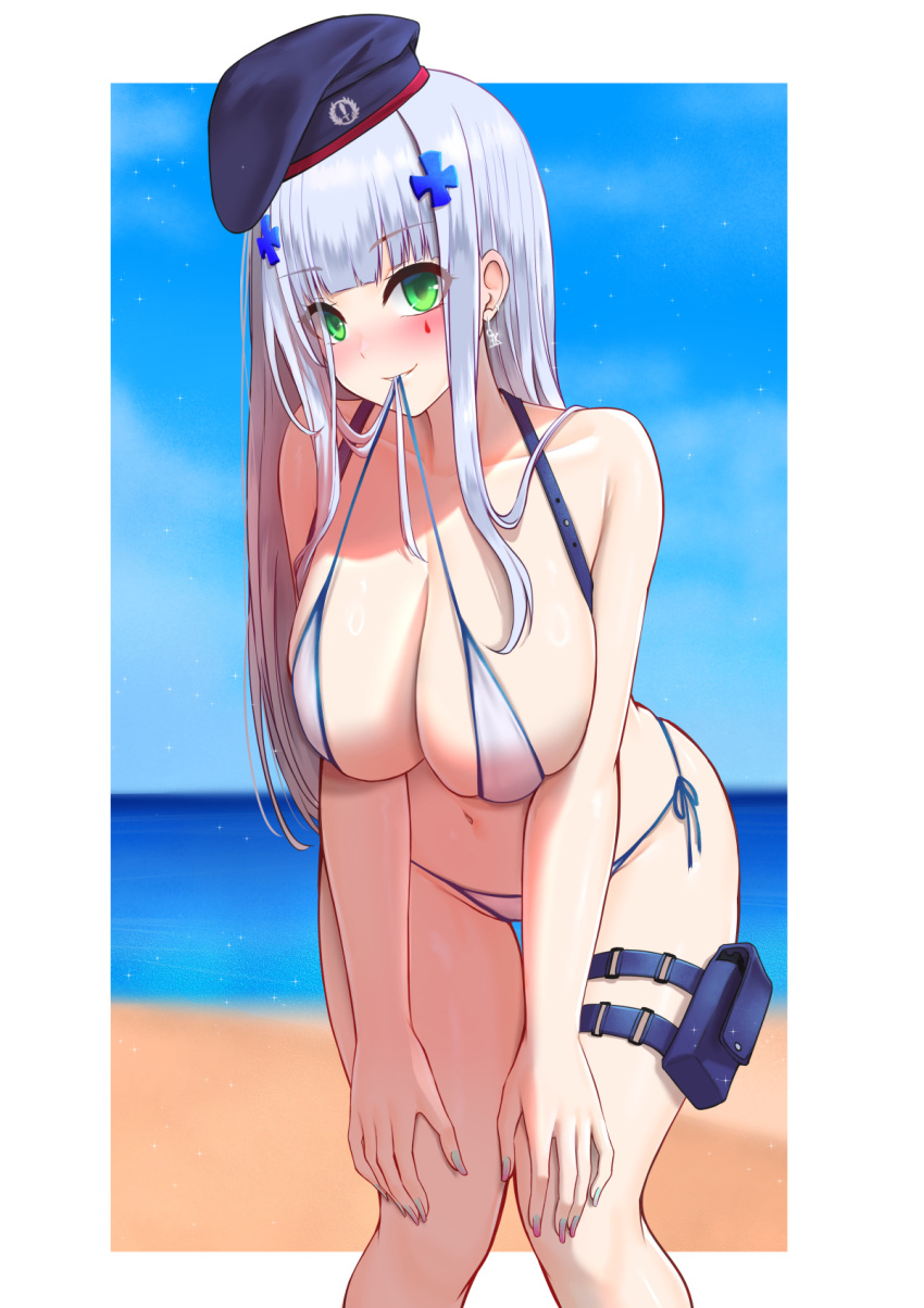 1girl beach beret bikini blue_eyes blue_hat blush breasts chinese_commentary cleavage closed_mouth collarbone commentary_request day girls'_frontline green_eyes hair_ornament hat highres hk416_(girls'_frontline) large_breasts leaning_forward long_hair looking_at_viewer navel ocean outdoors paid_reward_available popoman side-tie_bikini_bottom sideboob smile solo standing swimsuit teardrop_facial_mark thighs white_bikini