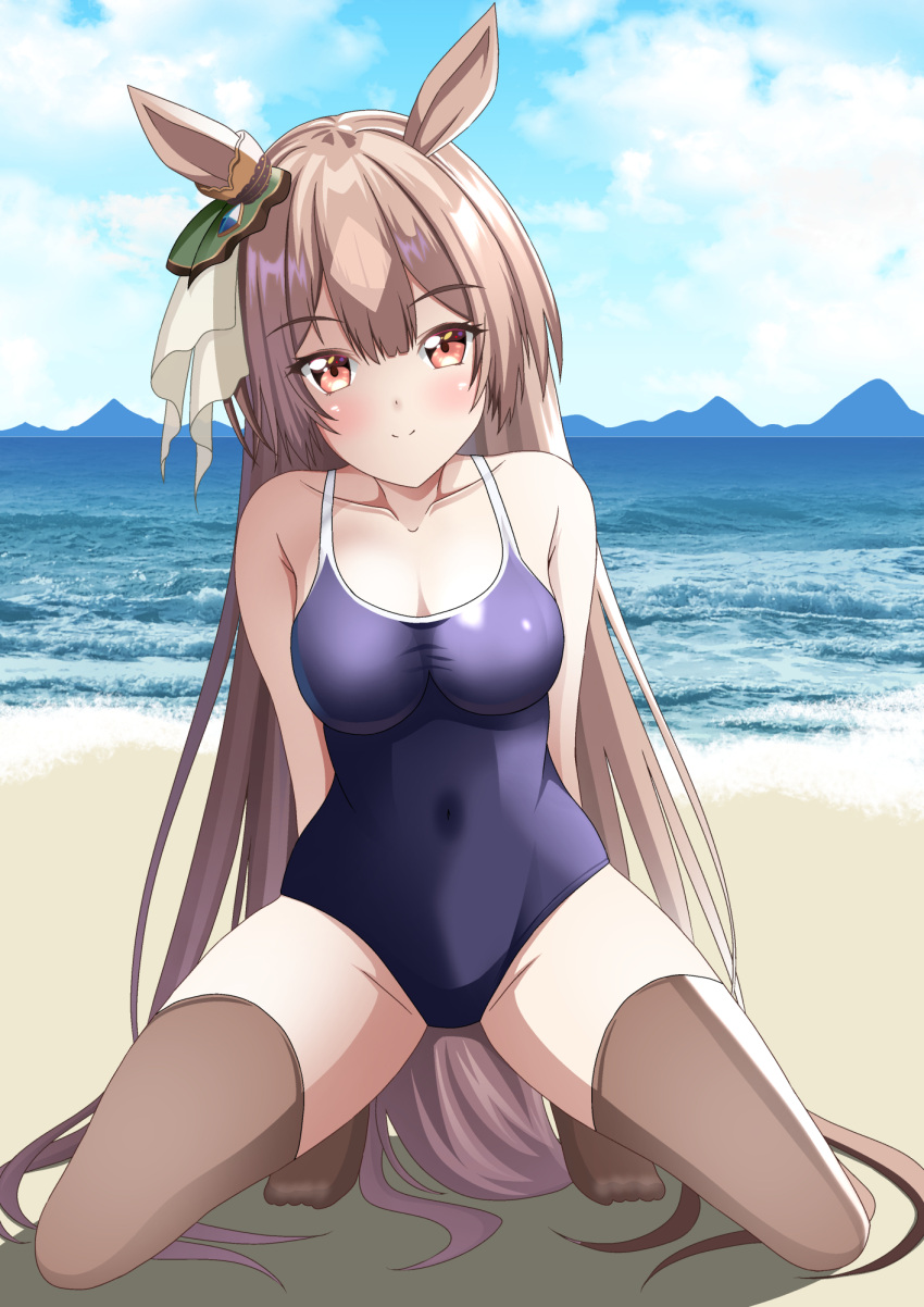 1girl aki_(kagamitotukasakonata) animal_ears beach blue_one-piece_swimsuit blue_sky breasts brown_eyes brown_hair brown_thighhighs cloud competition_school_swimsuit covered_navel day ear_ornament highres horse_ears horse_girl horse_tail long_hair looking_at_viewer medium_breasts mountainous_horizon multicolored_hair ocean one-piece_swimsuit outdoors satono_diamond_(umamusume) school_swimsuit sky solo swimsuit tail thighhighs umamusume very_long_hair