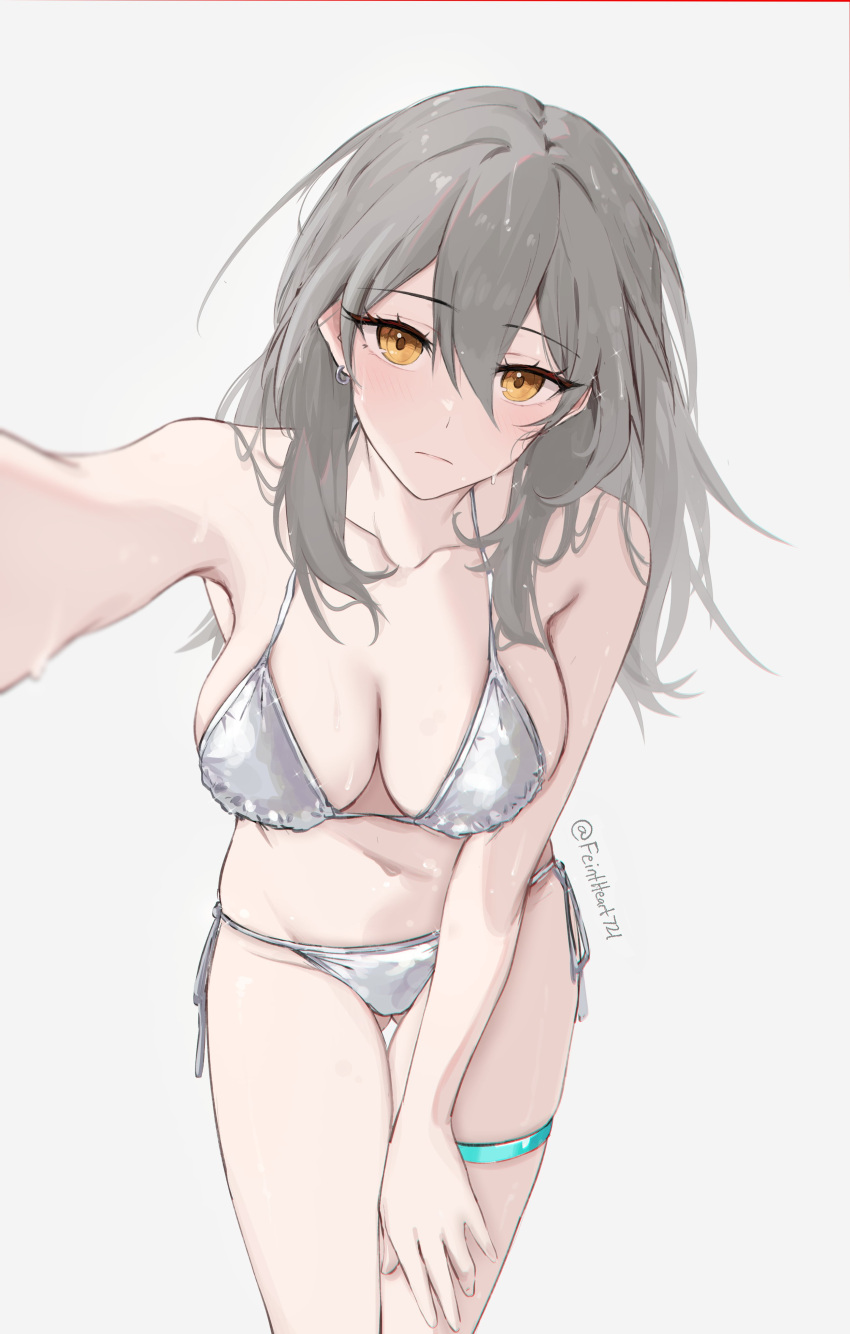 1girl absurdres bikini blush breasts cleavage closed_mouth ear_piercing feint721 grey_background grey_bikini grey_hair hair_between_eyes highres honkai:_star_rail honkai_(series) large_breasts looking_at_viewer orange_eyes piercing selfie side-tie_bikini_bottom simple_background solo stelle_(honkai:_star_rail) swimsuit thigh_strap trailblazer_(honkai:_star_rail) twitter_username wet