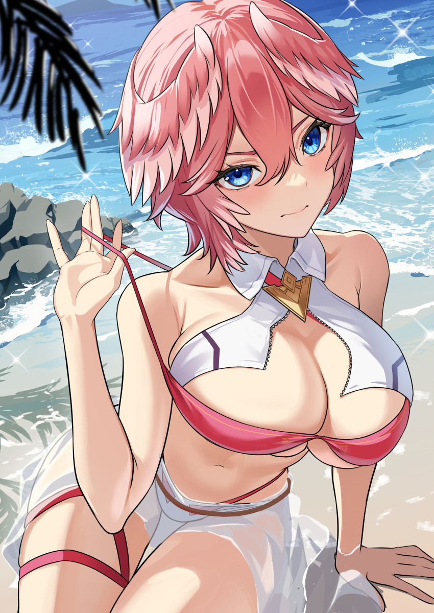 1girl absurdres beach bikini blue_eyes blush breasts cleavage closed_mouth commentary_request hair_between_eyes highres hololive large_breasts looking_at_viewer ocean ojisan_kamo_shiremasen pink_hair red_bikini short_hair solo sparkle swimsuit takane_lui virtual_youtuber water