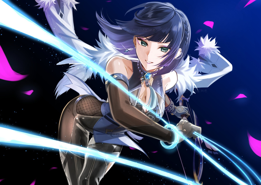 1girl bare_shoulders black_gloves black_pants blue_dress blue_eyes blue_hair blunt_bangs breasts cleavage commentary_request cowboy_shot dress earrings elbow_gloves genshin_impact gloves grin highres jewelry leggings looking_at_viewer narahazime pants short_hair sleeveless sleeveless_dress smile solo standing thighs yelan_(genshin_impact)