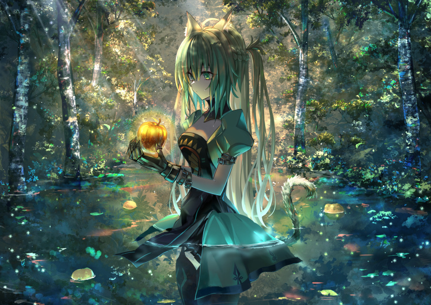 1girl animal_ears apple atalanta_(fate) black_gloves black_skirt blonde_hair braid breasts cat_ears cat_tail dress fate/apocrypha fate_(series) food forest french_braid fruit gloves golden_apple gradient_hair green_dress green_eyes green_hair highres kaze_minoru_so-ru layered_skirt long_hair medium_breasts multicolored_hair nature pond puffy_short_sleeves puffy_sleeves short_sleeves skirt solo tail thighs tree wading water wet