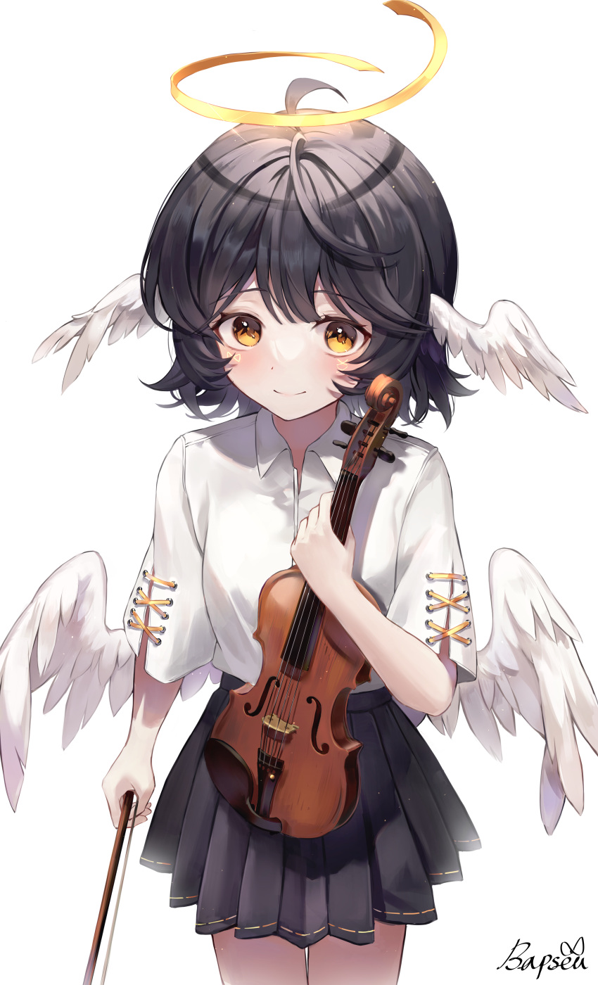 1girl absurdres ahoge angel angel_wings black_hair black_skirt bow_(music) collared_shirt commentary cowboy_shot facial_mark feathered_wings halo highres holding holding_bow_(music) holding_instrument instrument looking_at_viewer medium_hair original pleated_skirt shirt short_sleeves simple_background skirt smile solo symbol-only_commentary unwoo770122 violin white_background white_shirt white_wings wing_ears wings yellow_eyes