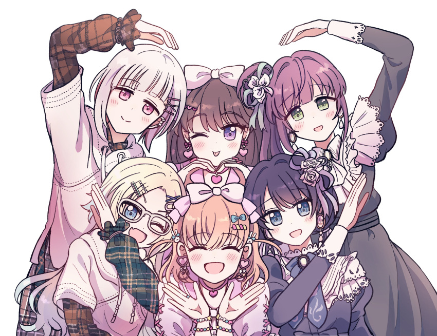 6+girls ;p asymmetrical_bangs bespectacled black_dress blonde_hair blue_eyes blue_hair blush bow brown_hair closed_eyes closed_mouth colorfulness_(love_live!) commentary_request dress ear_piercing earrings facing_viewer fang fujishima_megumi glasses green_eyes grey_hair hair_bow hair_ornament hairclip happy_shijoushugi!_(love_live!) heart heart_arms_quartet heart_earrings heart_hands highres hinoshita_kaho jacket jewelry link!_like!_love_live! long_hair long_sleeves looking_at_viewer love_live! multiple_girls murano_sayaka one_eye_closed open_mouth orange_hair osawa_rurino otomune_kozue parted_bangs piercing pink_bow pink_dress pink_eyes plaid plaid_shirt pleasure_feather_(love_live!) purple_dress purple_eyes purple_hair shirt short_hair side_ponytail skin_fang smile swept_bangs tongue tongue_out upper_body virtual_youtuber watagemodoki white-framed_eyewear white_background white_jacket yugiri_tsuzuri