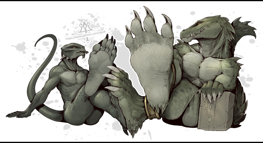 4_toes 5_toes anklet argonian bethesda_softworks claws crocodilian feet feet_together foot_focus green_body hi_res jewelry kredri male male/male membrane_(anatomy) muscular muscular_male opposable_toe reptile scalie sitting size_difference smile soles tail teeth the_elder_scrolls toes tongue tongue_out webbed_feet wrinkles