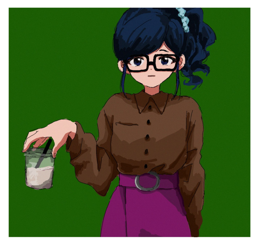 1girl aikatsu! aikatsu!_(series) alternate_costume arm_at_side bespectacled black_eyes border brown_shirt collared_shirt cowboy_shot cup disposable_cup expressionless glasses green_background hair_ornament hair_scrunchie highres holding holding_cup kiriya_aoi long_sleeves looking_at_viewer osouzai-kun parted_lips pink_skirt scrunchie shirt shirt_tucked_in short_hair side_ponytail simple_background skirt solo standing straight-on white_border