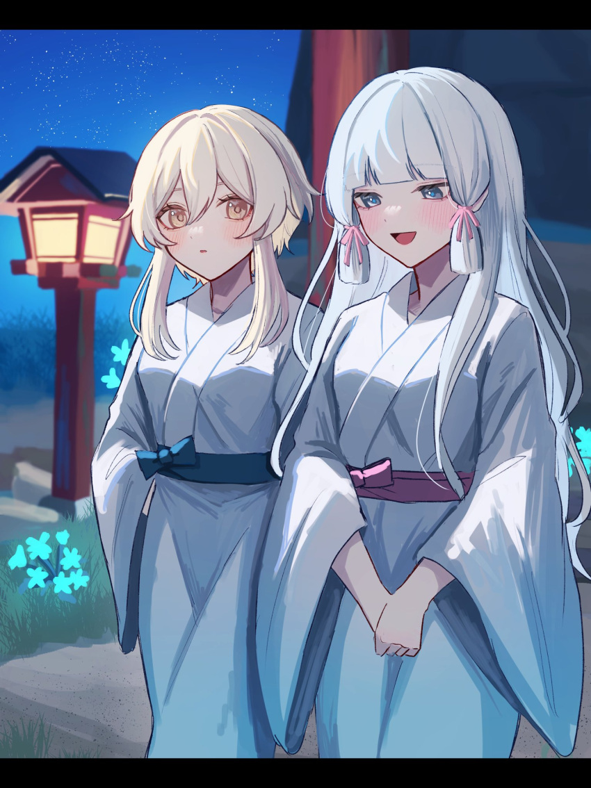 2girls alternate_costume alternate_hairstyle belt black_border blonde_hair blue_belt blue_bow blue_eyes blue_flower blue_sky blunt_bangs blush border bow breasts brown_eyes flower genshin_impact grass grey_hair hair_ribbon highres ichigoumail japanese_clothes kamisato_ayaka kimono lamppost long_hair long_sleeves looking_at_another looking_down lumine_(genshin_impact) medium_breasts multiple_girls night night_sky open_mouth outdoors pink_belt pink_bow pink_ribbon ribbon river rock short_hair sidelocks sky smile standing star_(sky) starry_sky tongue torii water white_kimono wide_sleeves