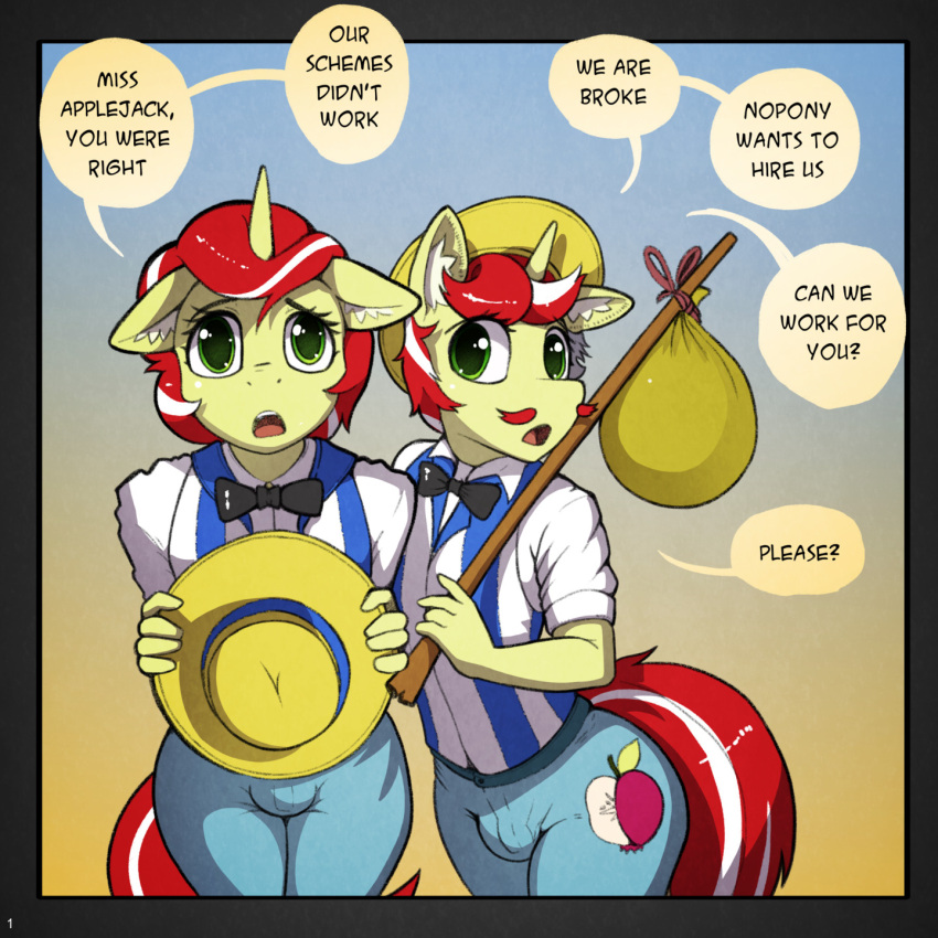 anthro applejack_(mlp) chastity_cage chastity_device comic dominant dominant_female female flam_(mlp) flim_(mlp) friendship_is_magic hasbro hi_res husdur my_little_pony