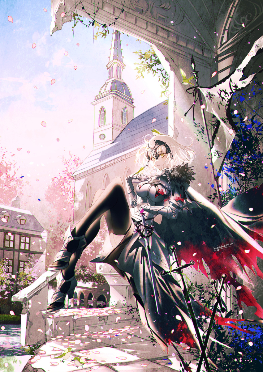 1girl armor armored_dress bird black_cape boots breasts building cape chain cherry_blossoms church cloud commentary_request falling_petals fate/grand_order fate_(series) gauntlets hand_on_own_stomach headpiece high_heel_boots high_heels highres jeanne_d'arc_alter_(avenger)_(fate) jeanne_d'arc_alter_(fate) large_breasts leaf majamari multiple_swords petals plackart sitting sky solo statue sword thighhighs tree weapon white_hair window yellow_eyes