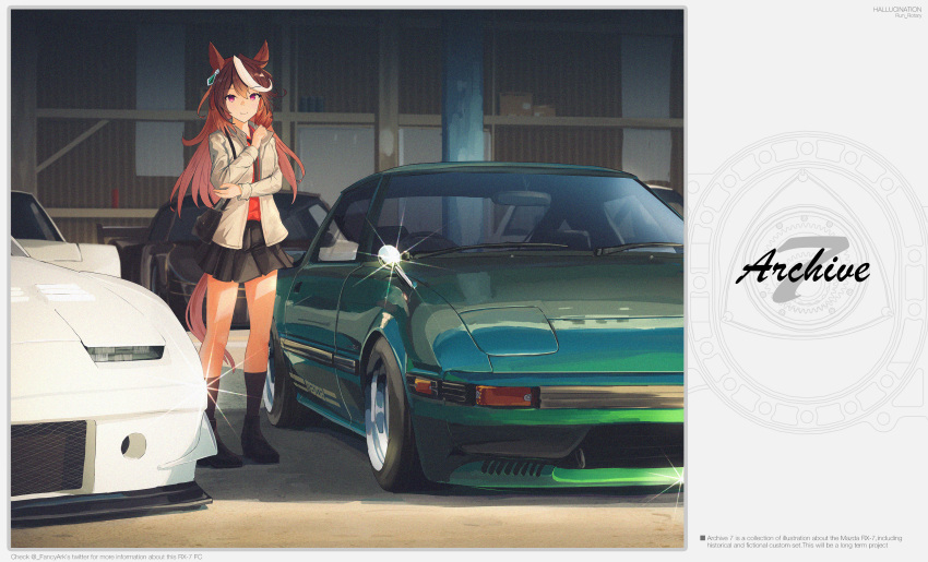 1girl absurdres animal_ears bag black_bag black_car black_footwear black_skirt black_socks brown_hair car commentary earrings english_commentary english_text full_body garage green_car handbag hands_up highres horse_ears horse_girl horse_tail jacket jewelry long_sleeves looking_at_viewer mazda mazda_rx-7 mazda_rx-7_fb medium_hair messy_hair miniskirt motor_vehicle multicolored_hair nissan_fairlady_z pleated_skirt purple_eyes red_shirt run_rotary shirt shoes skirt smile socks solo sports_car standing symboli_rudolf_(umamusume) tail two-tone_hair umamusume vehicle_focus white_car white_hair white_jacket