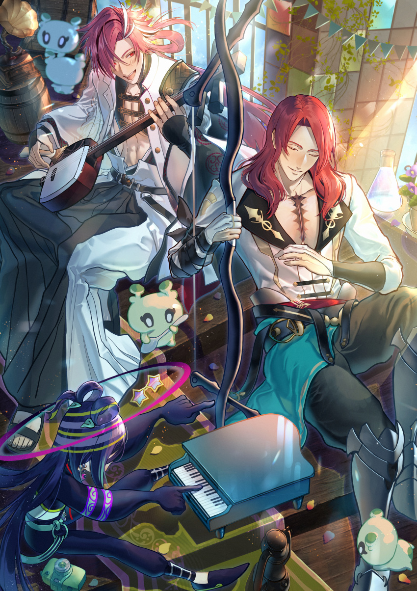 absurdres black_hair black_pants blue_hair chinese_clothes closed_eyes con_(fate) dragon_print earrings eyebrow_cut failnaught_(fate) fate/grand_order fate_(series) gloves hair_over_one_eye halo harp highres holding instrument jacket japanese_clothes jewelry long_hair long_sleeves low_ponytail makeup multicolored_hair multiple_boys nagatekkou pants pectoral_cleavage pectorals red_eyes red_hair sanbon_hijiki shamisen smile streaked_hair taisui_xingjun_(fate) takasugi_shinsaku_(fate) toned toned_male tristan_(fate) underpec upper_body weapon white_hair white_jacket