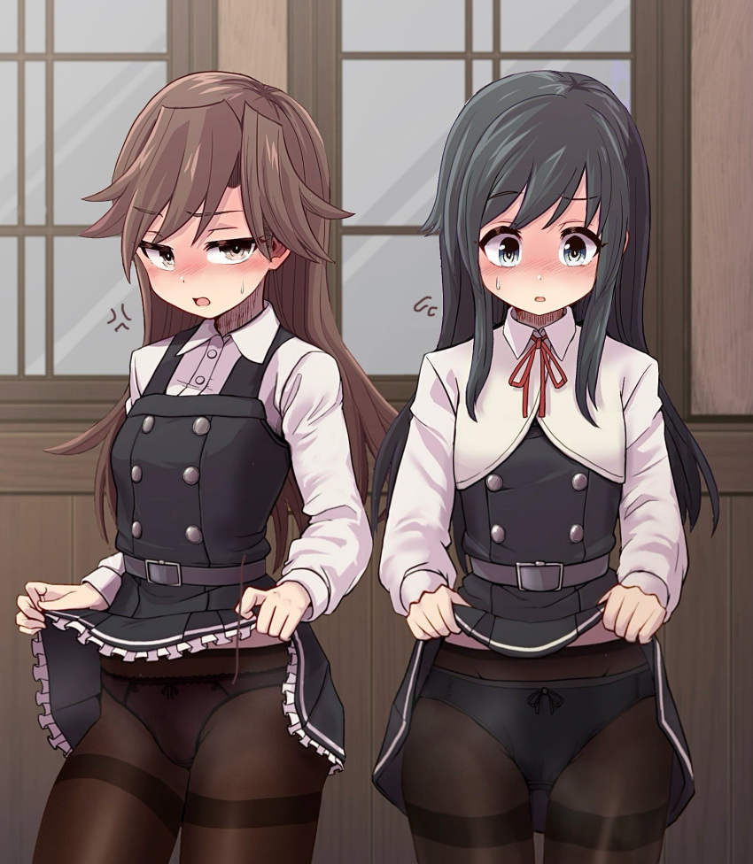 2girls arashio_(kancolle) arashio_kai_ni_(kancolle) asashio_(kancolle) asashio_kai_ni_(kancolle) belt black_dress black_hair black_pantyhose blue_eyes blush brown_eyes brown_hair clothes_lift dress frilled_dress frills highres kantai_collection long_hair long_sleeves looking_at_viewer multiple_girls neck_ribbon open_mouth pantyhose pinafore_dress red_ribbon ribbon school_uniform shirt skirt skirt_lift sleeveless sleeveless_dress unagiman white_shirt