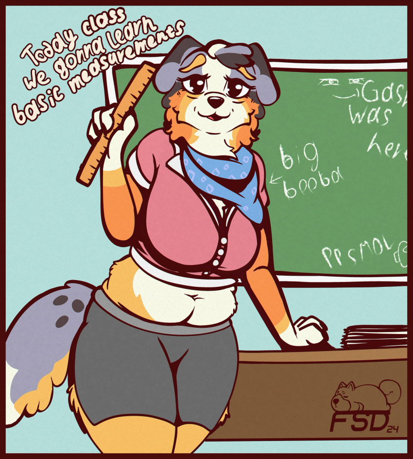 anthro arm_support bandanna big_breasts blue_bandanna blue_kerchief bluey_(series) bottomwear breasts calypso_(bluey) canid canine canis chalkboard classroom clothing desk dialogue domestic_dog female fsdog furniture hi_res huge_breasts kerchief mammal midriff neckerchief ruler school shirt side_slit side_slit_clothing side_slit_skirt skirt slightly_chubby slightly_chubby_female solo table tail teacher topwear