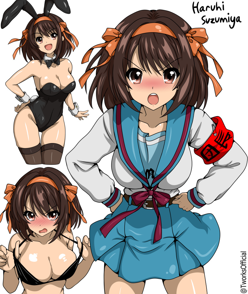 1girl absurdres animal_ears armband bikini bikini_top_only bikini_top_pull black_bikini black_bow black_bowtie black_hair black_leotard black_thighhighs blue_sailor_collar blue_skirt blush bow bowtie breasts brown_eyes character_name cleavage commentary cowboy_shot detached_collar hairband highres kita_high_school_uniform leotard looking_at_viewer medium_breasts multiple_views nose_blush open_mouth orange_hairband playboy_bunny pleated_skirt rabbit_ears rabbit_tail sailor_collar school_uniform serafuku shirt skirt suzumiya_haruhi suzumiya_haruhi_no_yuuutsu swimsuit t-works tail teeth thighhighs twitter_username upper_body upper_teeth_only white_shirt winter_uniform wrist_cuffs