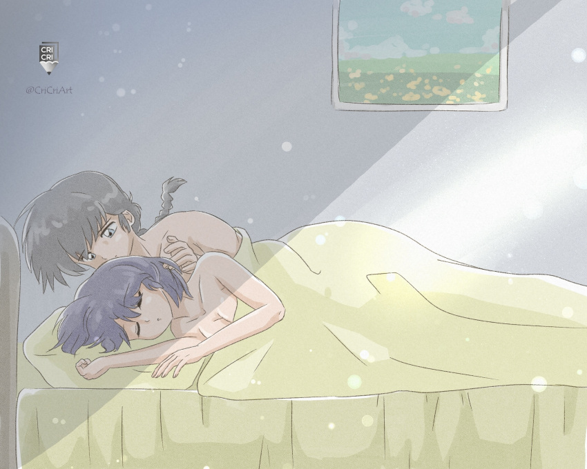 1boy 1girl artist_name blue_eyes blue_hair braid braided_ponytail closed_eyes couple crispslyn head_on_pillow hetero highres light nude on_bed ranma_1/2 saotome_ranma short_hair sleeping tendou_akane