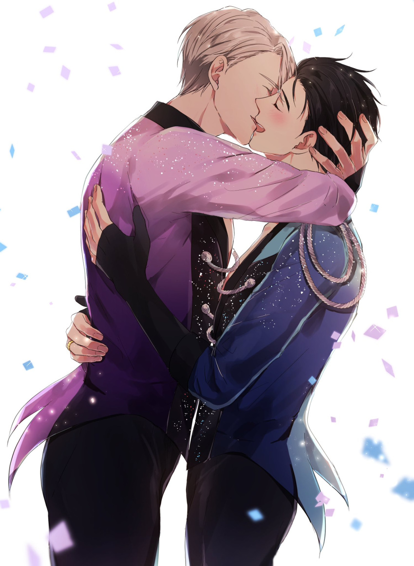 2boys black_hair black_pants closed_eyes confetti hair_slicked_back hand_on_another's_head highres jewelry katsuki_yuuri kira_(kirariky) kiss male_focus multiple_boys pants ring smile viktor_nikiforov white_background white_hair yaoi yuri!!!_on_ice