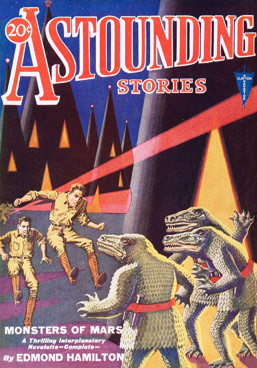 1931 20th_century alien alligatorid ancient_art astounding_stories boots clothing cover crocodilian footwear group h._w._wesso hi_res human magazine_cover mammal martian reptile scales scalie