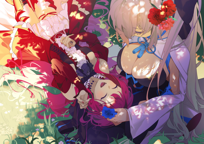 2girls :d absurdres baobhan_sith_(fate) baobhan_sith_(first_ascension)_(fate) bare_shoulders black_dress blue_flower blush boots breasts cleavage closed_eyes detached_sleeves dress fangs fate/grand_order fate_(series) flower frilled_dress frills grass hair_flower hair_ornament hair_ribbon hand_up highres lap_pillow long_hair lying morgan_le_fay_(fate) mother_and_daughter multiple_girls nail_polish on_back open_mouth pink_hair ponytail red_dress red_flower red_footwear red_nails ribbon seiza sidelocks sitting smile thigh_boots white_hair wide_sleeves zinken00