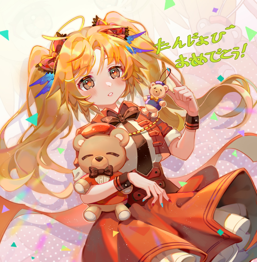 1girl :d absurdres animal_charm arknights black_eyes black_necktie blonde_hair blue_nails blush bow cowboy_shot cropped_jacket dutch_angle forehead grin hair_bow hand_up happy_birthday high-waist_skirt highres hugging_object index_finger_raised jacket long_hair long_sleeves looking_at_viewer nail_polish necktie open_clothes open_jacket open_mouth orange_pupils parted_bangs petticoat pinecone_(arknights) pinecone_(sing_a_song)_(arknights) pleated_skirt polka_dot polka_dot_background red_bow red_jacket red_nails red_skirt shirt shirt_tucked_in sidelocks skirt smile solo stuffed_animal stuffed_toy teddy_bear teeth twintails white_shirt xiang_hua_tongren_de_chizi