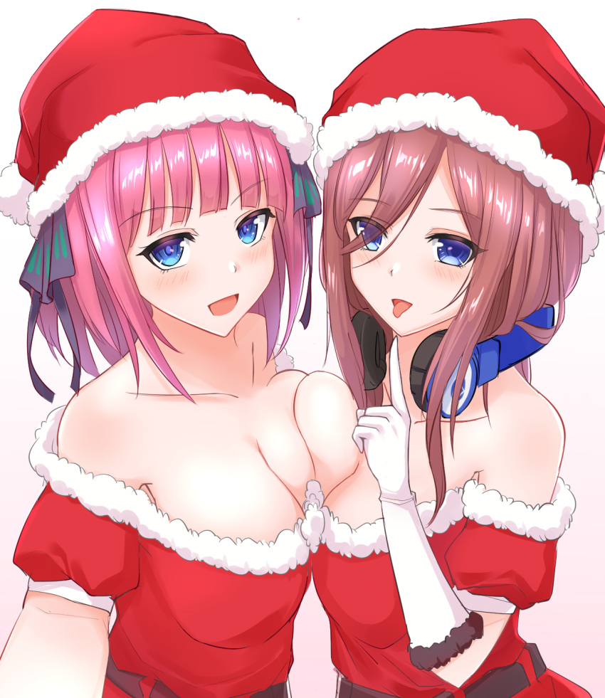 2girls asymmetrical_docking bare_shoulders black_ribbon blue_eyes blunt_bangs breast_press breasts brown_hair butterfly_hair_ornament collarbone commentary_request dress elbow_gloves fur-trimmed_dress fur-trimmed_headwear fur_trim gloves go-toubun_no_hanayome hair_ornament hat headphones headphones_around_neck heckler_kai highres index_finger_raised large_breasts long_hair_between_eyes looking_at_viewer multiple_girls nakano_miku nakano_nino off-shoulder_dress off_shoulder pink_hair red_hat ribbon santa_dress santa_hat siblings sisters tongue tongue_out twins white_background white_gloves