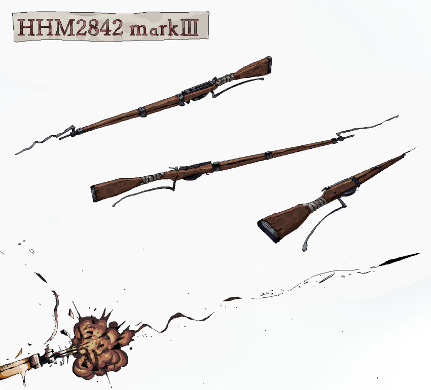 bandages bayonet damaged dust_cloud firing gun hamsterfragment jaggy_lines multiple_views muzzle_flash no_humans original rifle simple_background trail weapon weapon_focus white_background