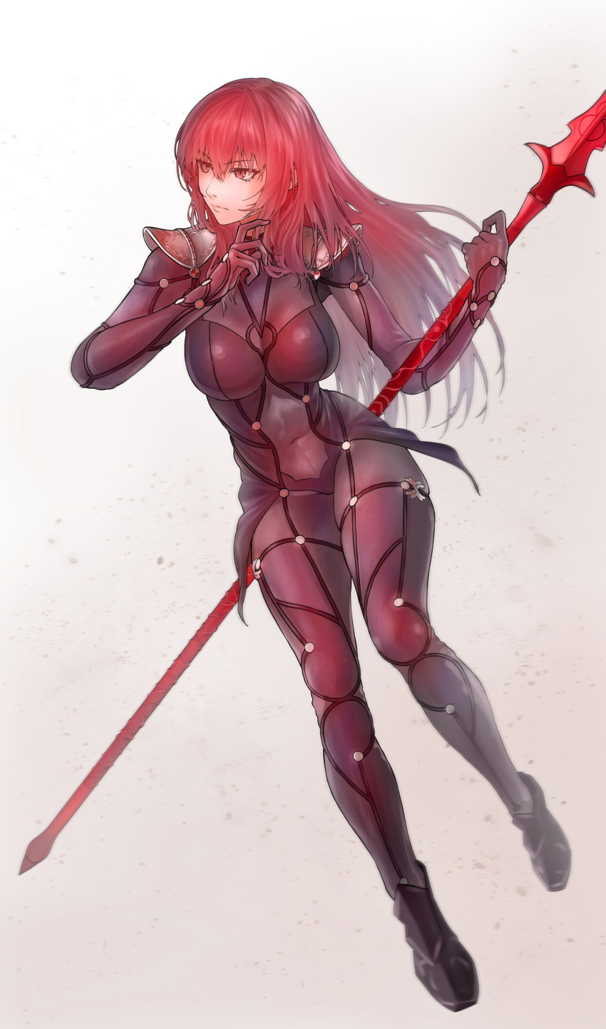 1girl absurdres armor bodysuit breasts fate/grand_order fate_(series) full_body gae_bolg_(fate) highres large_breasts long_hair looking_to_the_side pauldrons polearm purple_bodysuit purple_hair red_eyes scathach_(fate) shoulder_armor solo spear tonko_from weapon