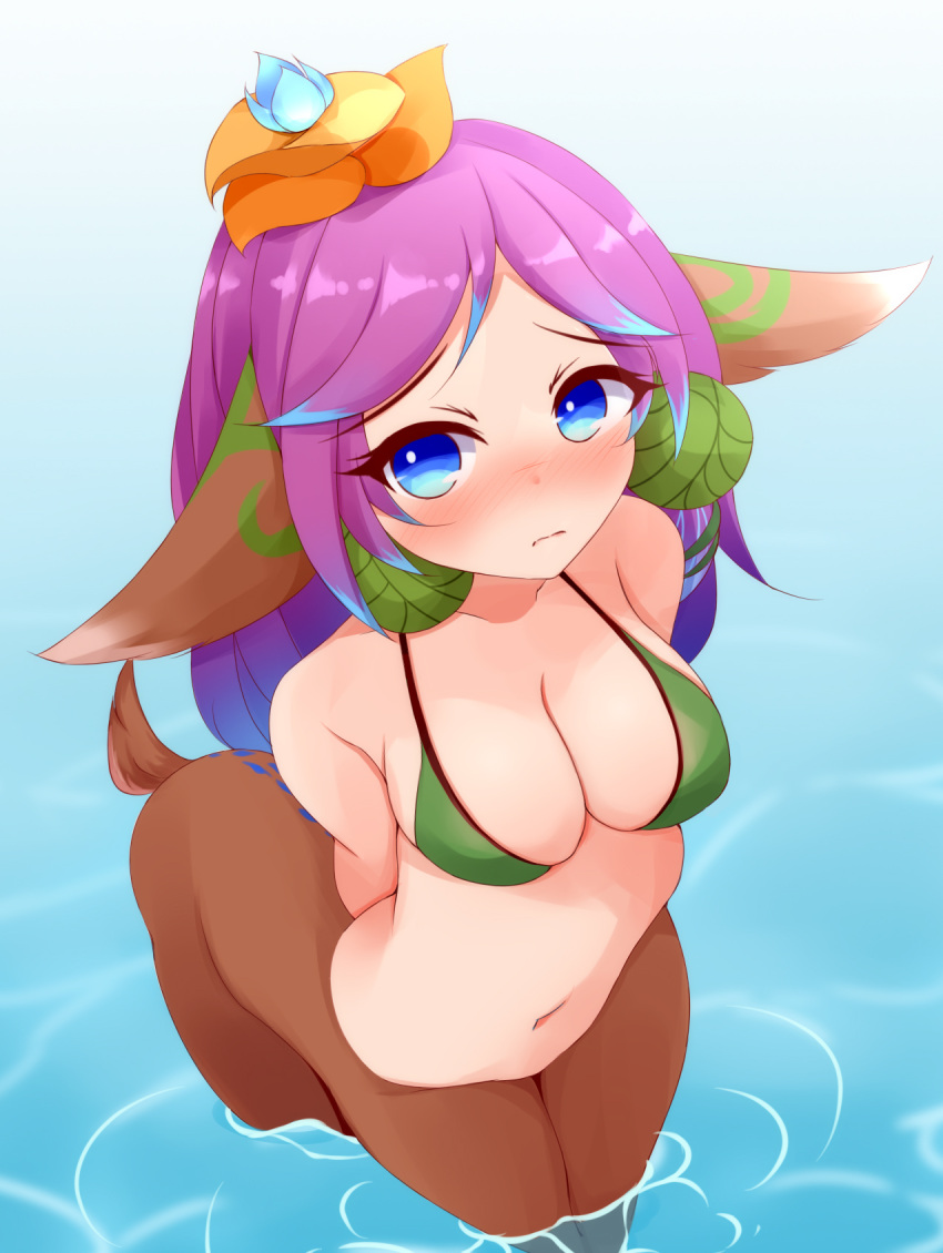 2022 ayatori bikini bikini_top blue_eyes blush blush_lines breasts centaur clothing deer digital_media_(artwork) ears_down equid equid_taur european_mythology female furry_ears greek_mythology green_bikini_top hair hands_behind_back hi_res human humanoid_taur hybrid league_of_legends lillia_(lol) looking_at_viewer mammal mammal_taur mouth_closed mythology navel partially_submerged pivoted_ears purple_hair quad riot_games ripples small_tail solo standing_in_water swimwear tail taur water