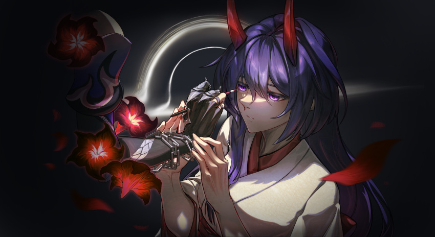 1girl absurdres acheron_(honkai:_star_rail) black_hole chain_around_arm falling_petals flower hair_between_eyes half-closed_eyes highres honkai:_star_rail honkai_(series) horns japanese_clothes kimono long_hair looking_at_another makeup_brush official_alternate_costume parted_lips petals purple_eyes purple_hair reaching_towards_another red_flower red_horns red_petals serious shaded_face white_kimono zhong_er_bing