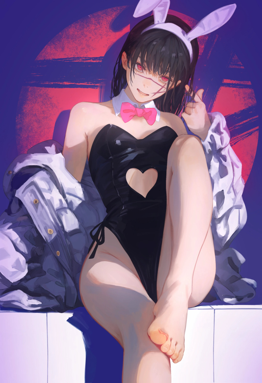 1girl absurdres animal_ears bare_legs barefoot black_hair bow bowtie chainsaw_man clothing_cutout cross_scar detached_collar fake_animal_ears feet heart_cutout highres jacket knee_up open_clothes open_jacket open_mouth pink_bow pink_bowtie pink_eyes playboy_bunny playing_with_own_hair rabbit_ears scar scar_on_cheek scar_on_face scar_on_nose sitting solo white_jacket yao_liao_wang yoru_(chainsaw_man)