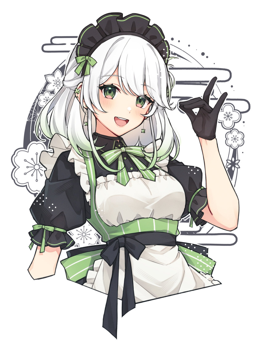 1girl :d apron arm_at_side black_gloves black_hairband black_shirt blush collared_shirt cropped_legs dangle_earrings dot_nose earrings egasumi flower fox_shadow_puppet frilled_apron frills gloves gradient_hair green_eyes green_hair green_ribbon hairband half_updo hand_up head_tilt highres jewelry long_bangs long_hair looking_at_viewer maid maid_headdress multicolored_hair neck_ribbon open_mouth original pinstripe_ribbon puffy_short_sleeves puffy_sleeves puunyannyan ribbon shirt short_sleeves sidelocks simple_background smile solo teeth upper_teeth_only white_apron white_background white_flower white_hair