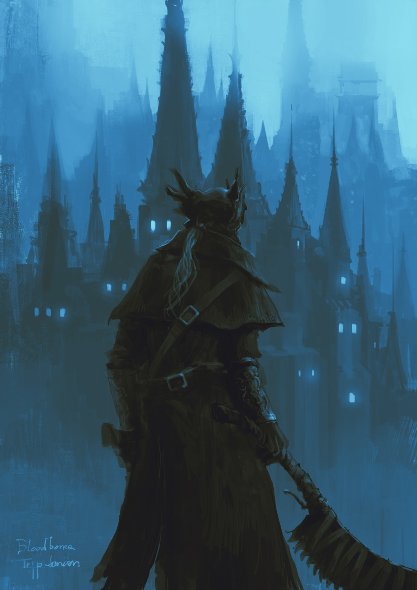 1other ambiguous_gender bloodborne building capelet city coat from_behind gloves gun handgun hat highres holding holding_gun holding_weapon house hunter_(bloodborne) night ponytail saw saw_cleaver scenery solo standing torn_clothes torn_coat tower tricorne tripdancer weapon