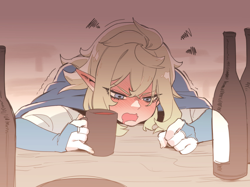 1girl asutora blonde_hair blue_eyes blush bottle bridal_gauntlets cup drooling drunk dungeon_meshi elf fionil_(dungeon_meshi) open_mouth pointy_ears solo